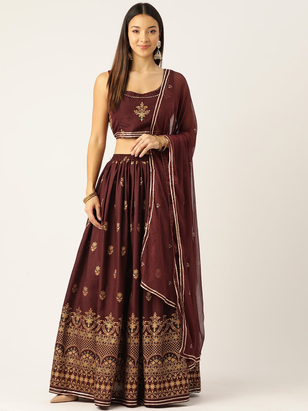 Brown and beige Ready to Wear Lehenga & Blouse With Dupatta - RueCollections