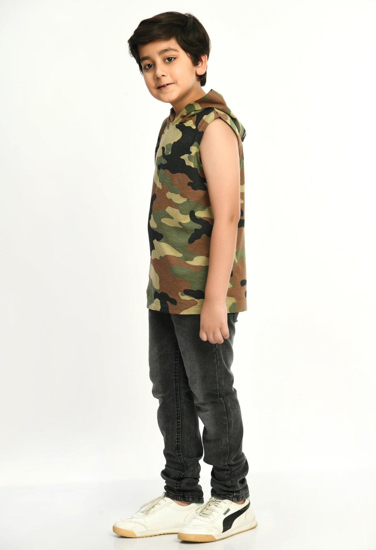 Camouflage Print Hooded Boys Vest Half - Sleeve T-shirt - RueCollections