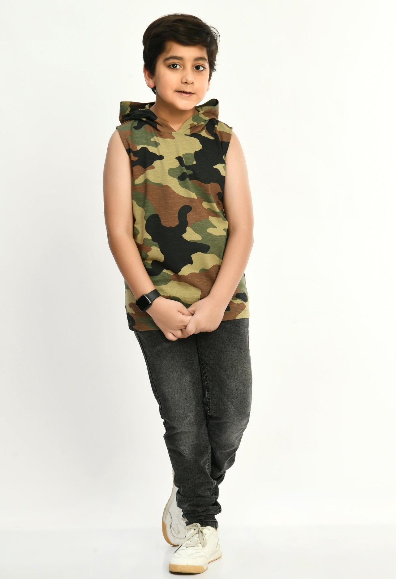 Camouflage Print Hooded Boys Vest Half - Sleeve T-shirt - RueCollections