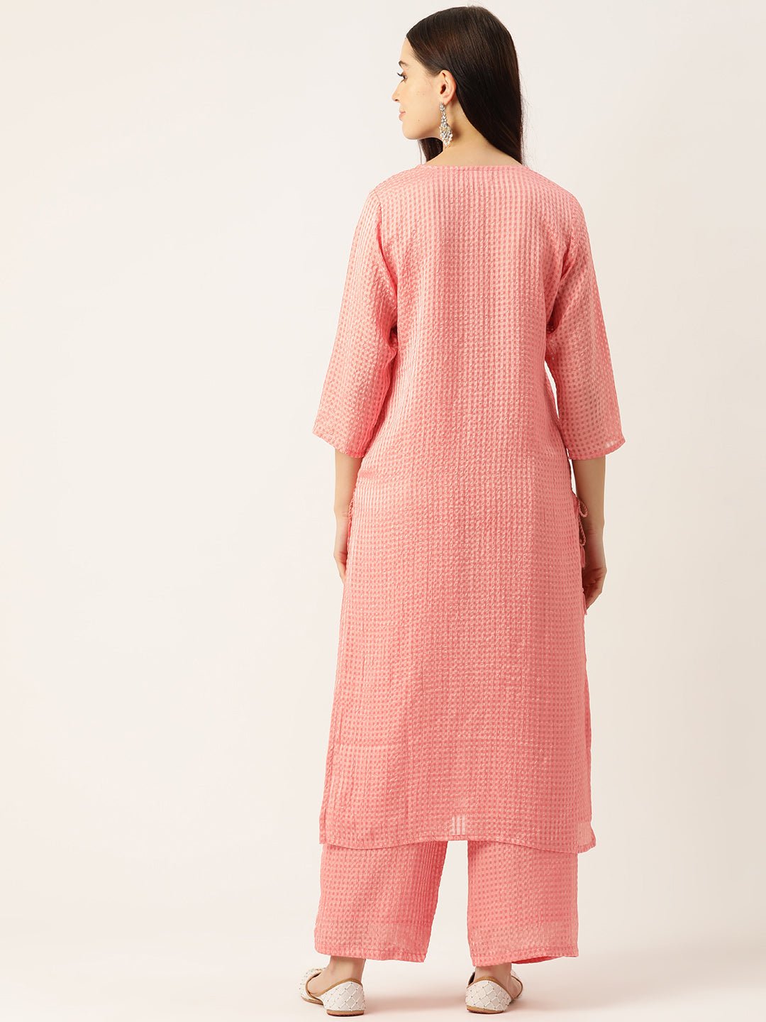 Checked Mirror Work Georgette Kurta with Palazzos - RueCollections