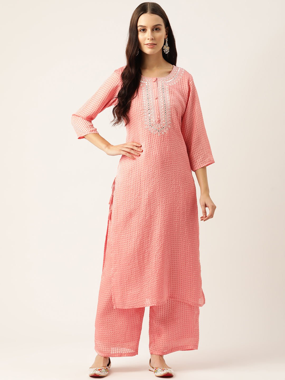 Checked Mirror Work Georgette Kurta with Palazzos - RueCollections