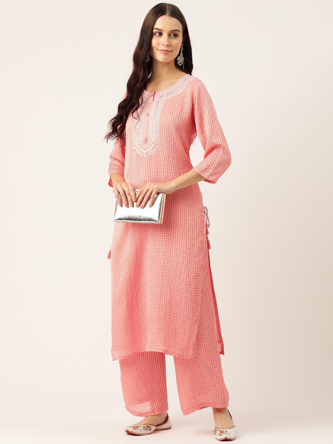 Checked Mirror Work Georgette Kurta with Palazzos - RueCollections