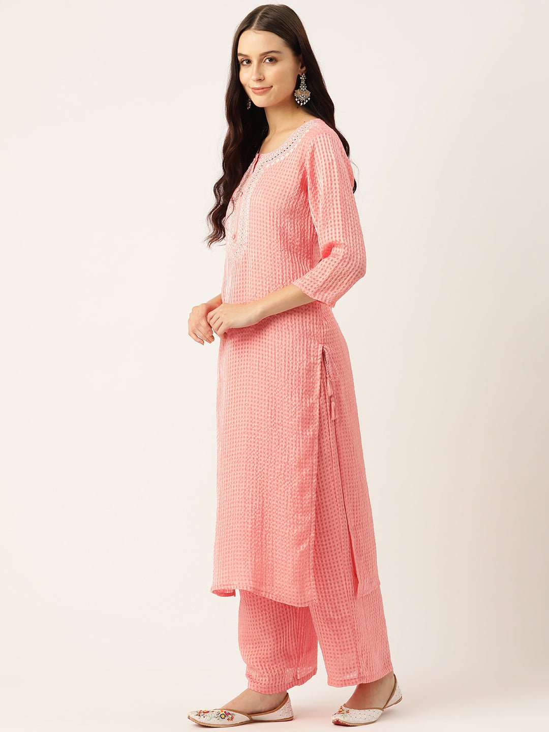 Checked Mirror Work Georgette Kurta with Palazzos - RueCollections