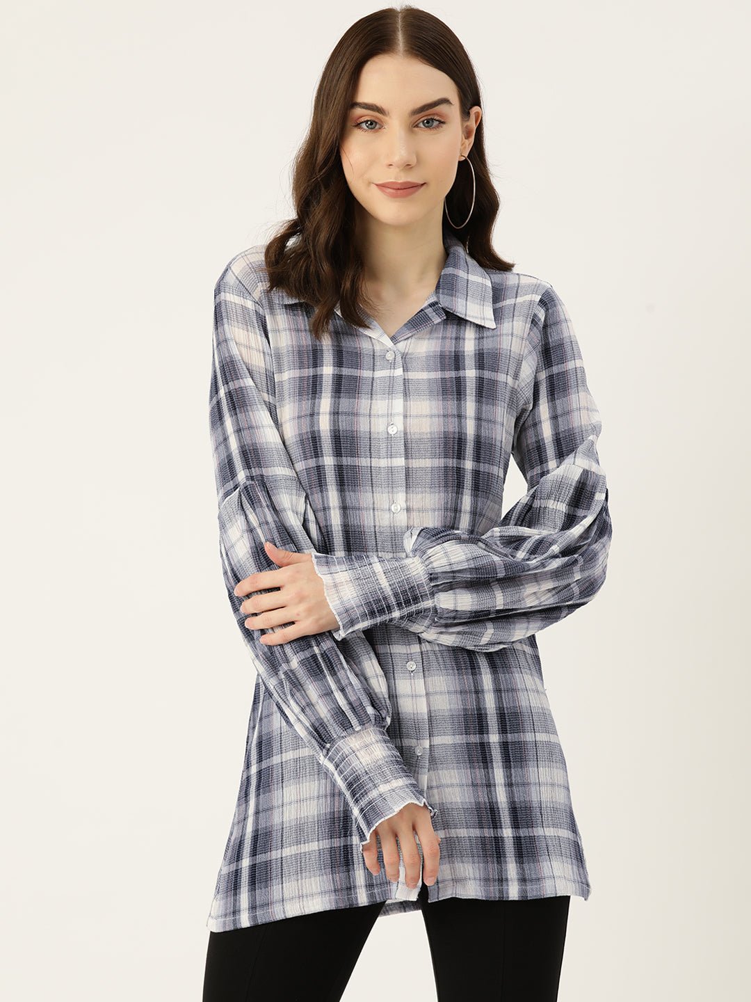 Checked Puff Sleeve Cotton Shirt Style Longline Top - RueCollections