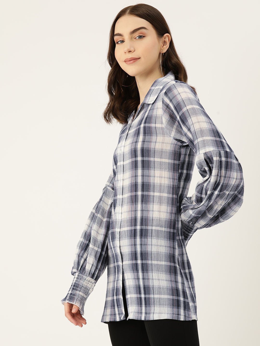 Checked Puff Sleeve Cotton Shirt Style Longline Top - RueCollections