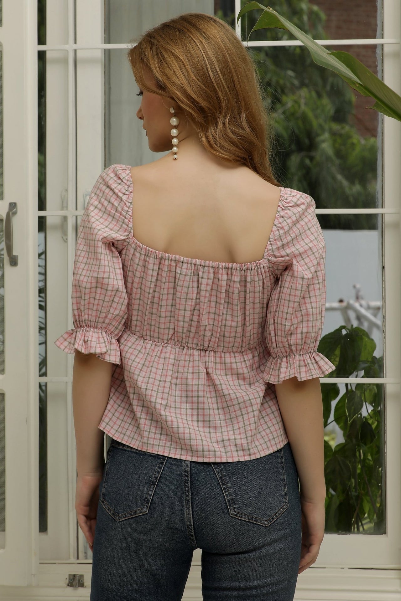 Checked Sweetheart Neck Puff Sleeve Cotton Blouson Top - RueCollections