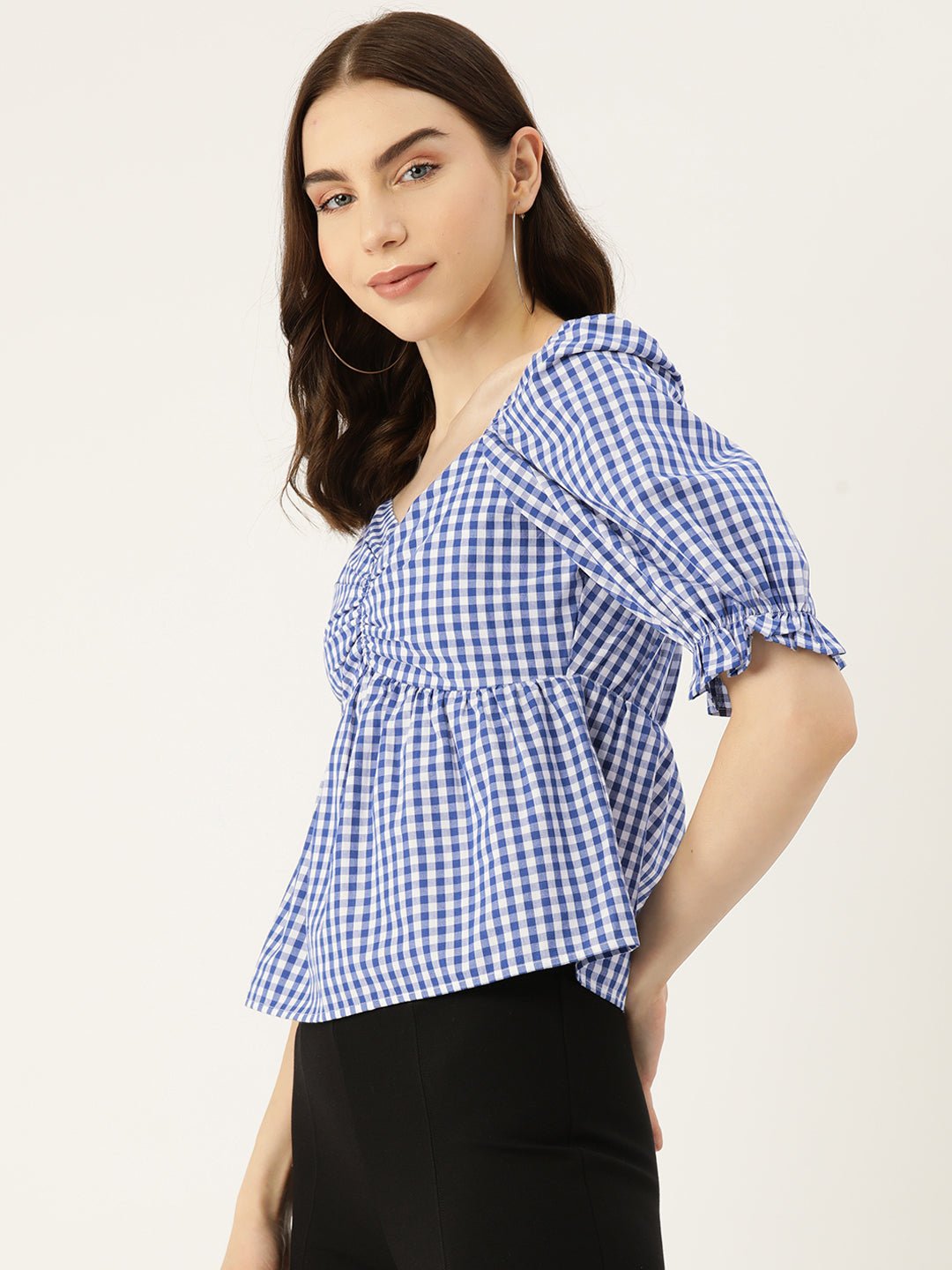 Checked Sweetheart Neck Puff Sleeve Cotton Top - RueCollections