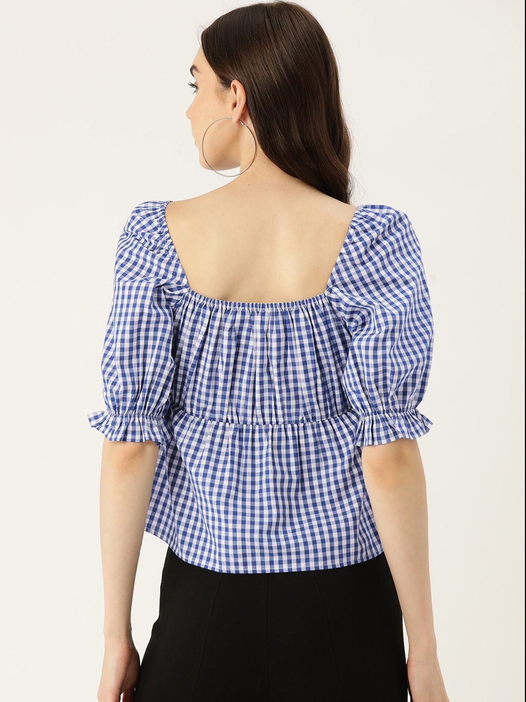 Checked Sweetheart Neck Puff Sleeve Cotton Top - RueCollections