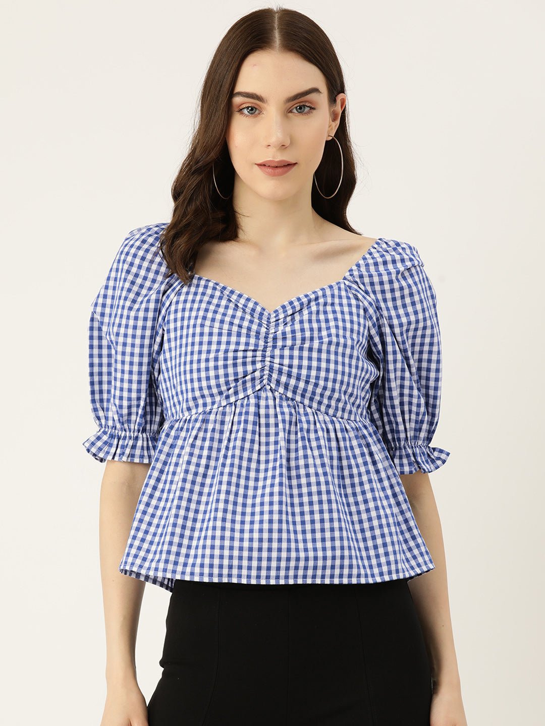 Checked Sweetheart Neck Puff Sleeve Cotton Top - RueCollections