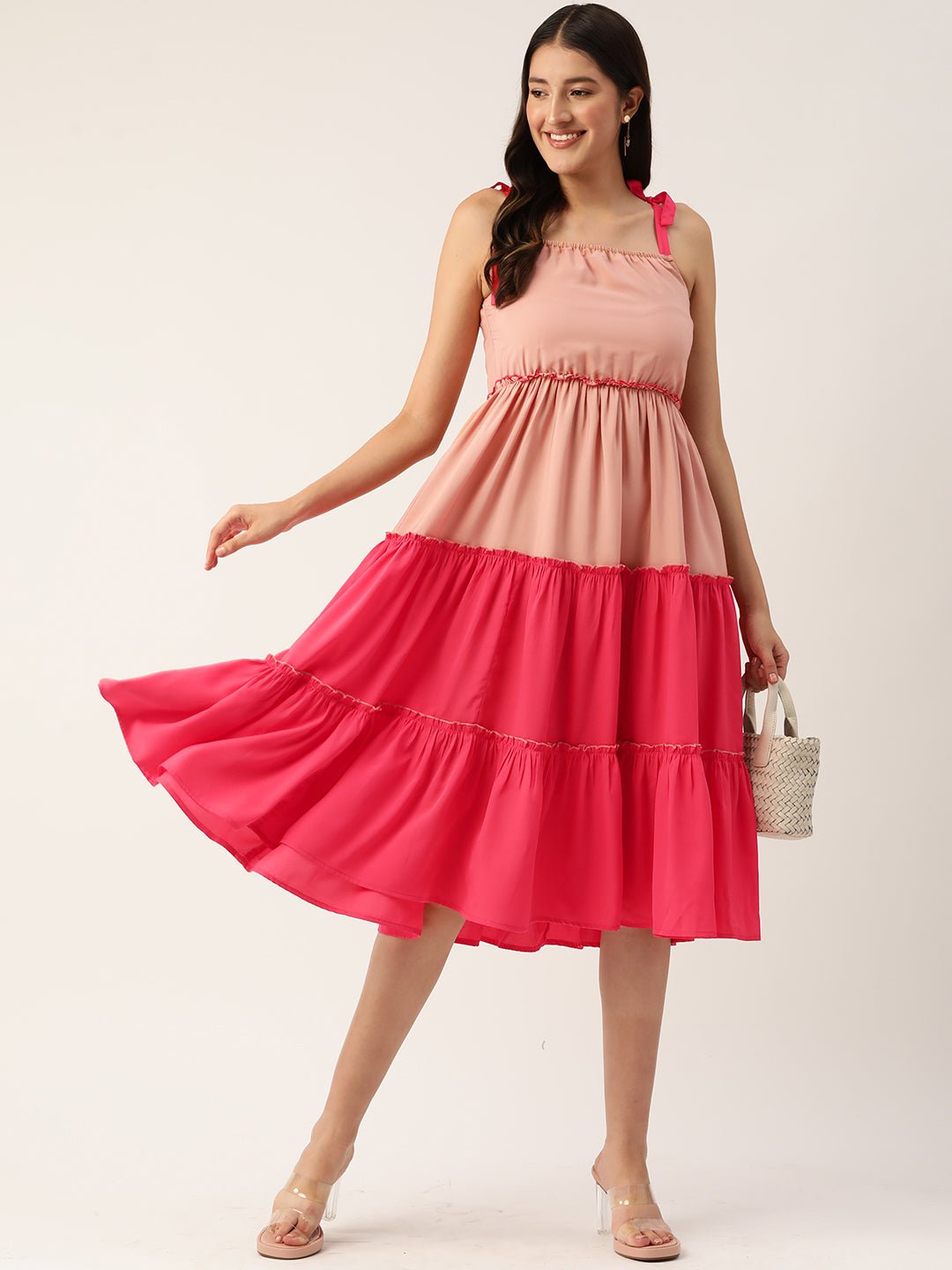 Colourblocked Tiered Crepe A - Line Dress - RueCollections