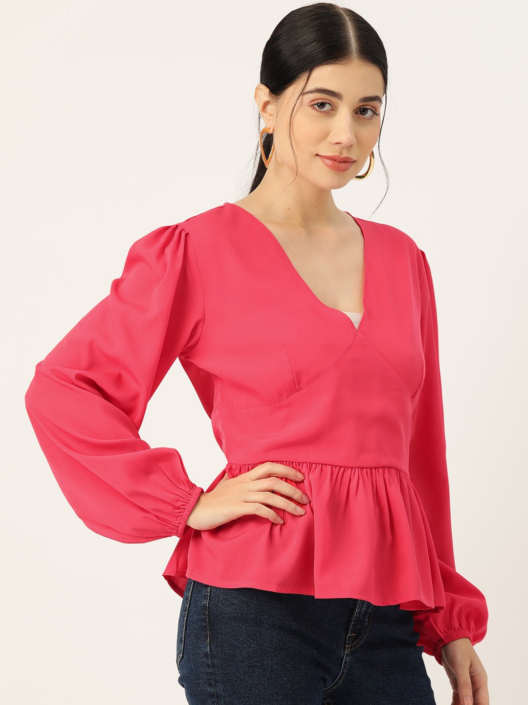 Coral Solid Puff Sleeve Crepe Peplum Top - RueCollections