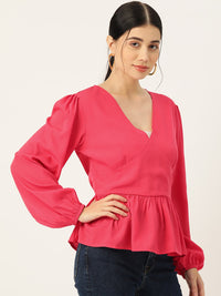 Thumbnail for Coral Solid Puff Sleeve Crepe Peplum Top - RueCollections