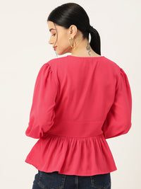 Thumbnail for Coral Solid Puff Sleeve Crepe Peplum Top - RueCollections