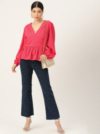 Thumbnail for Coral Solid Puff Sleeve Crepe Peplum Top - RueCollections