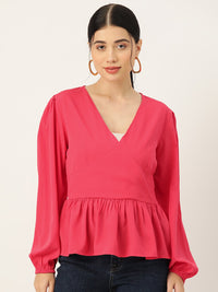 Thumbnail for Coral Solid Puff Sleeve Crepe Peplum Top - RueCollections