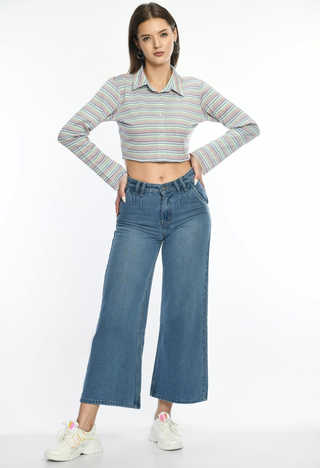 Cropped Pique Striper Shirt - RueCollections