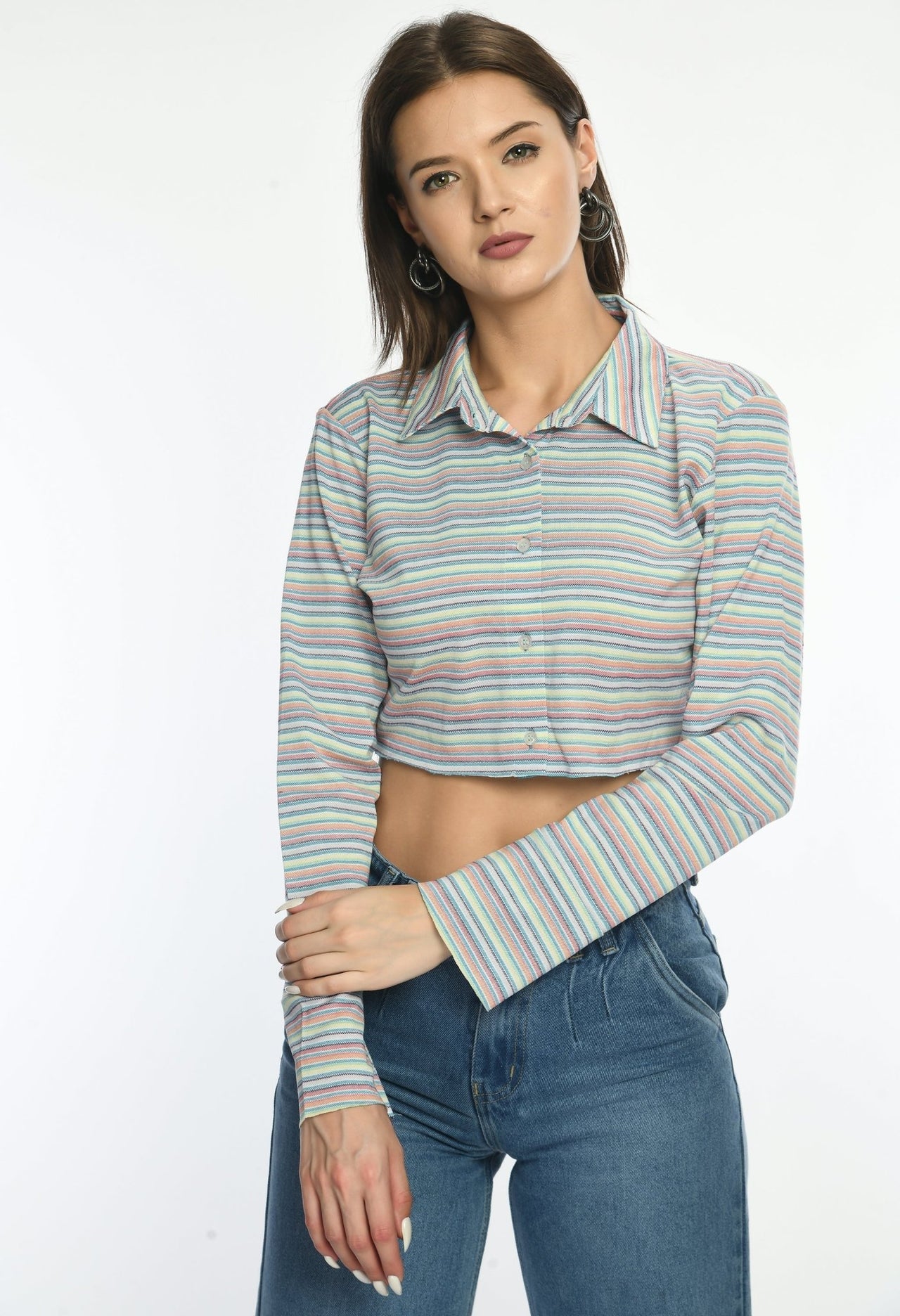 Cropped Pique Striper Shirt - RueCollections