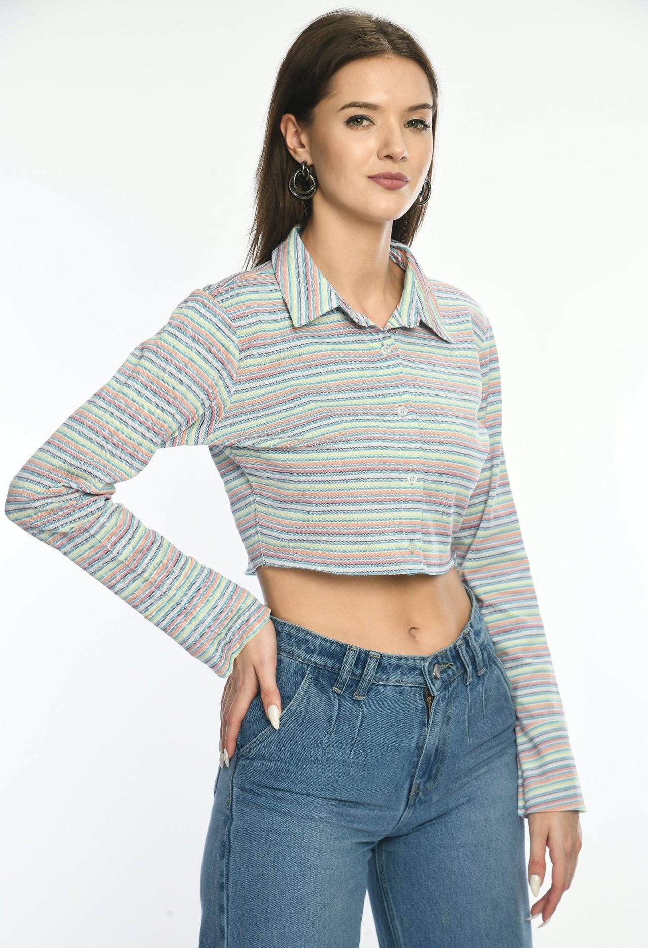 Cropped Pique Striper Shirt - RueCollections