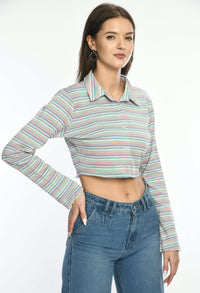 Thumbnail for Cropped Pique Striper Shirt - RueCollections