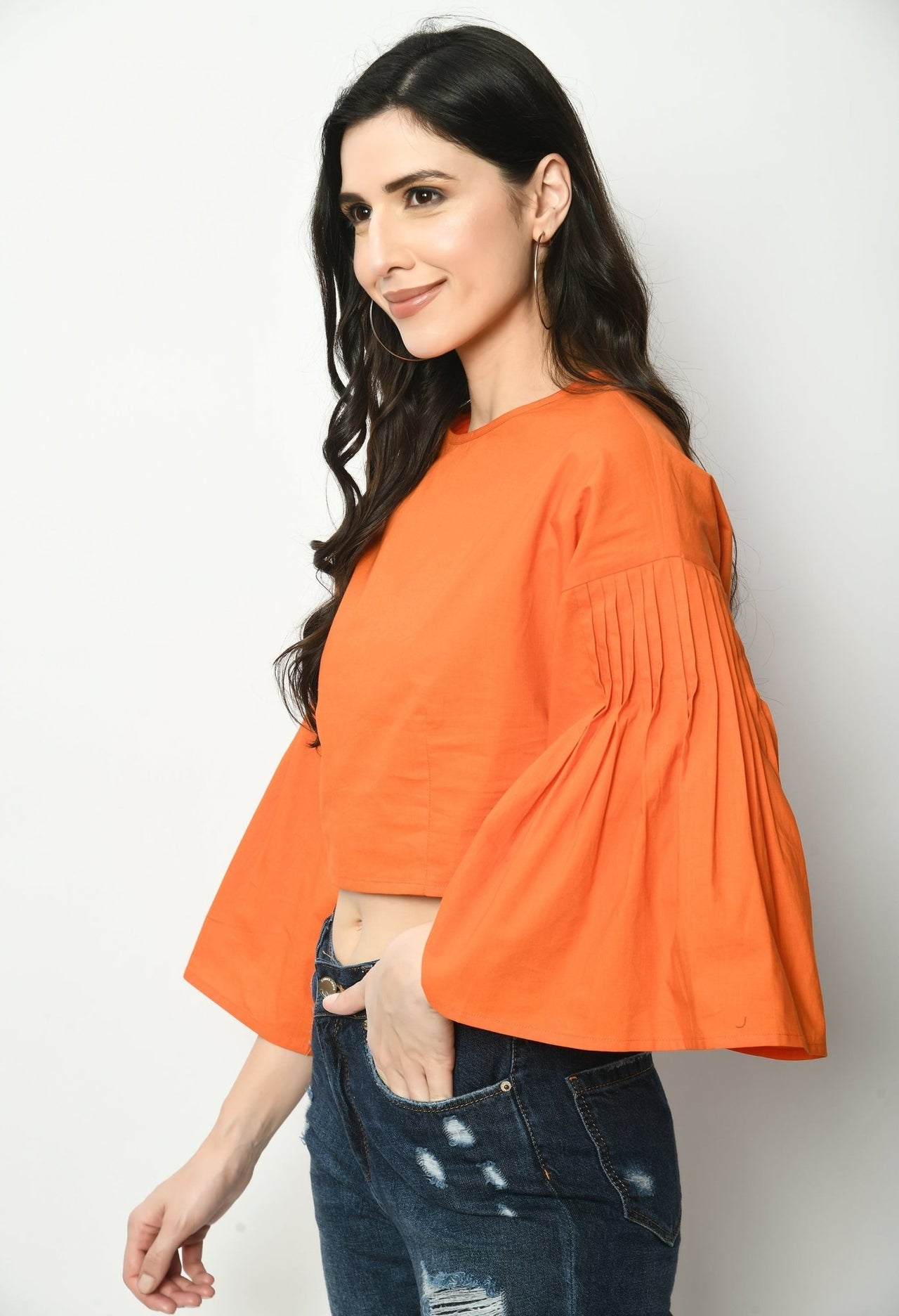 Cropped Poplin Pleated Flared Sleeves Top - RueCollections