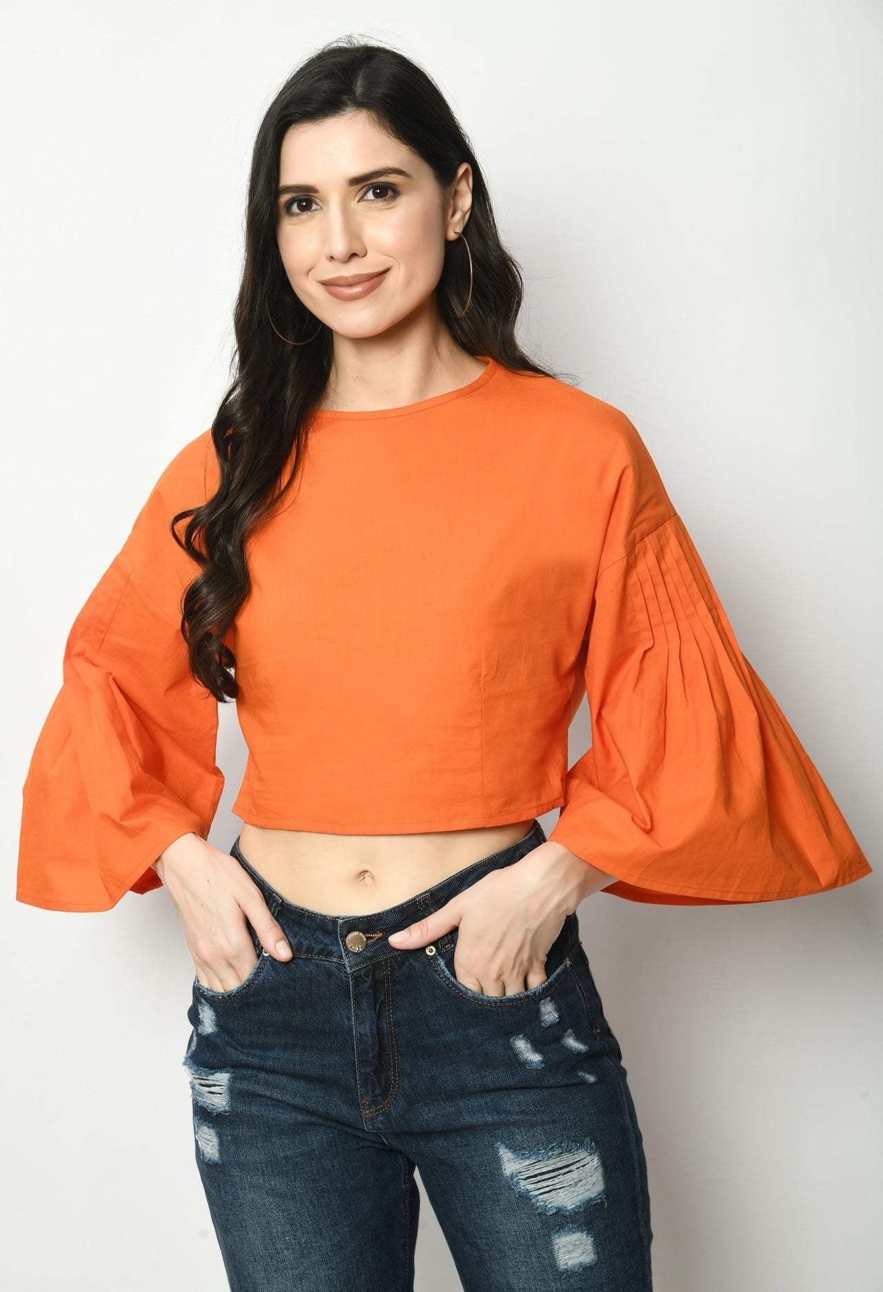 Cropped Poplin Pleated Flared Sleeves Top - RueCollections