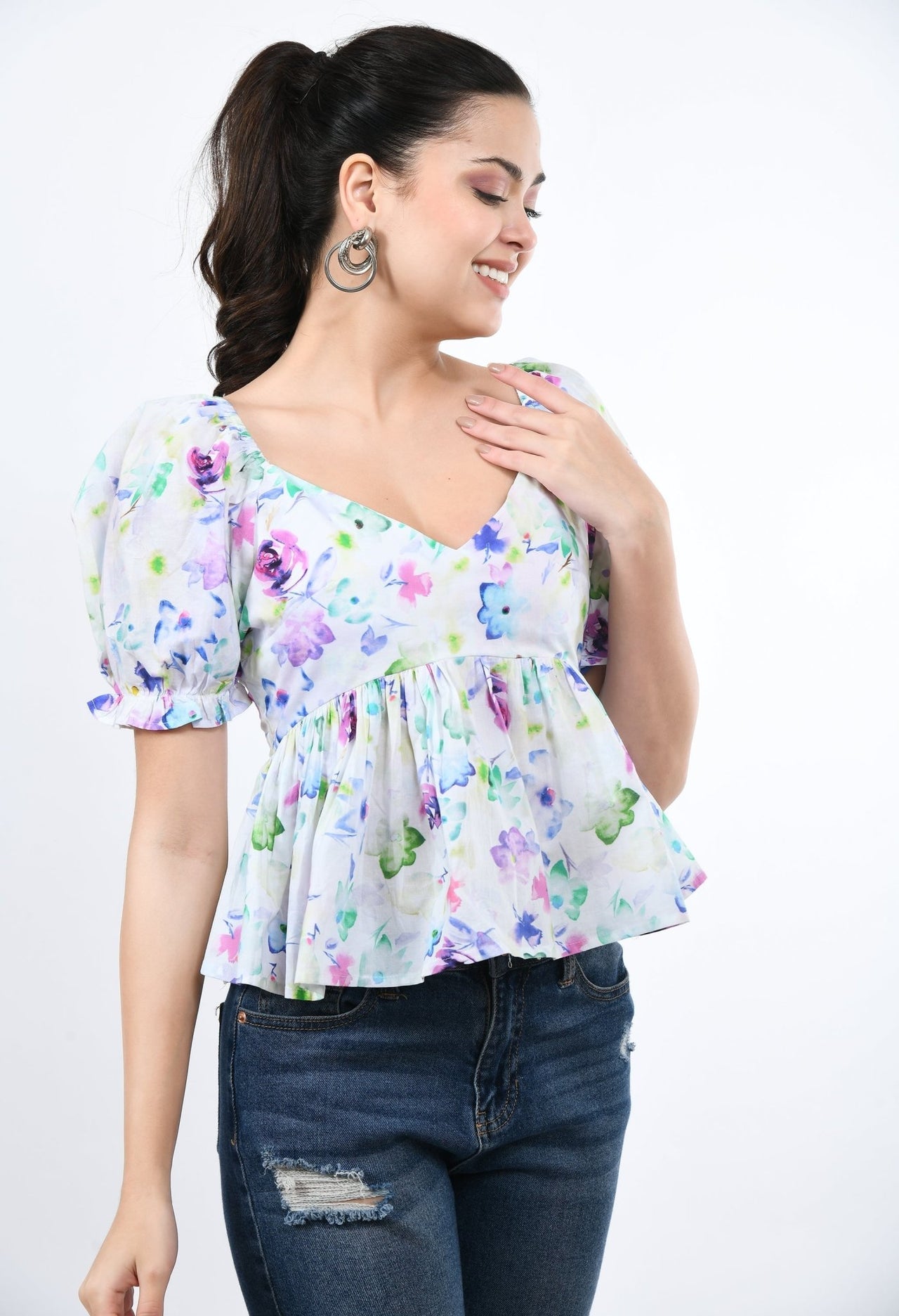 Cropped V - Neck Peplum Top - RueCollections