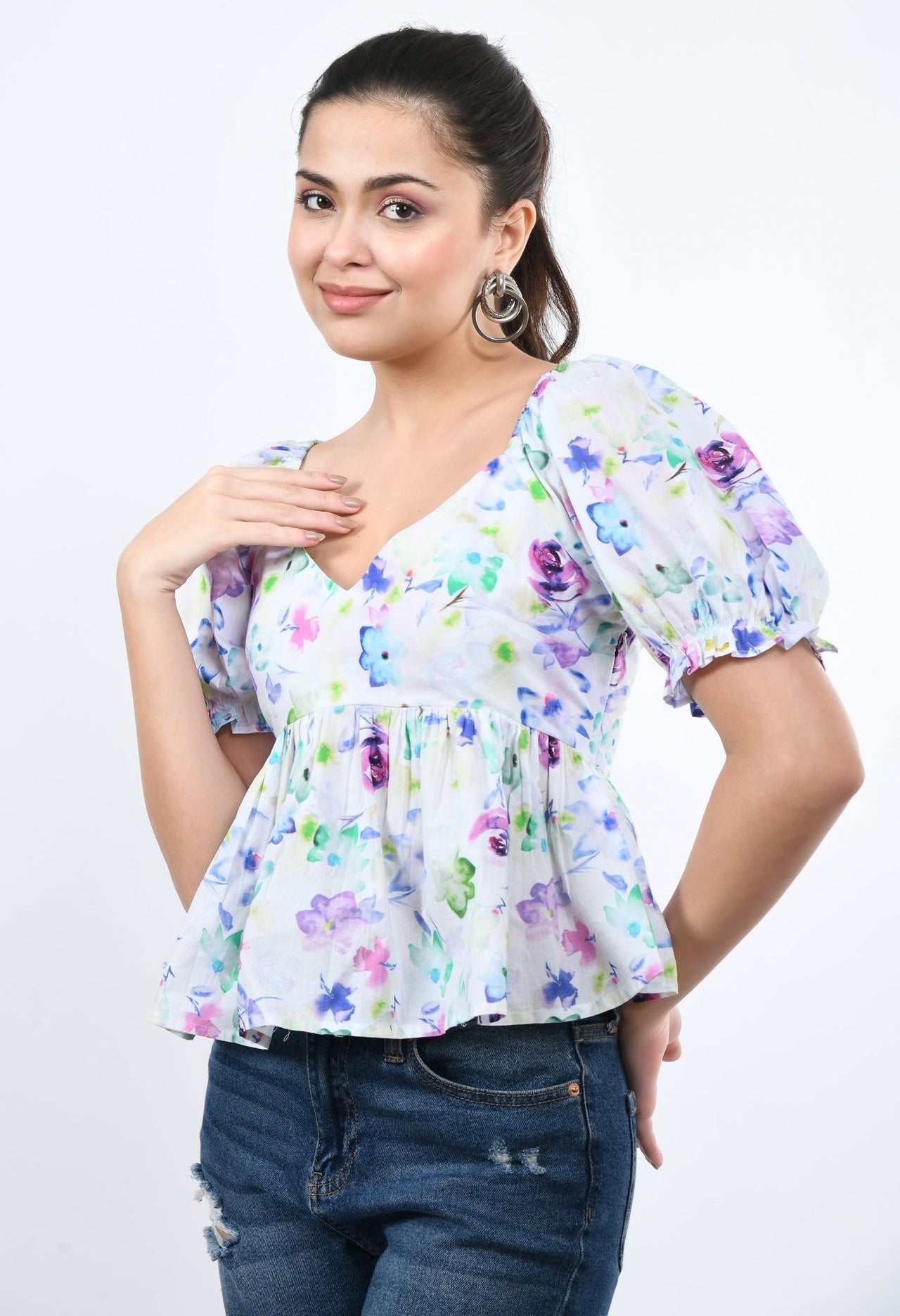 Cropped V - Neck Peplum Top - RueCollections