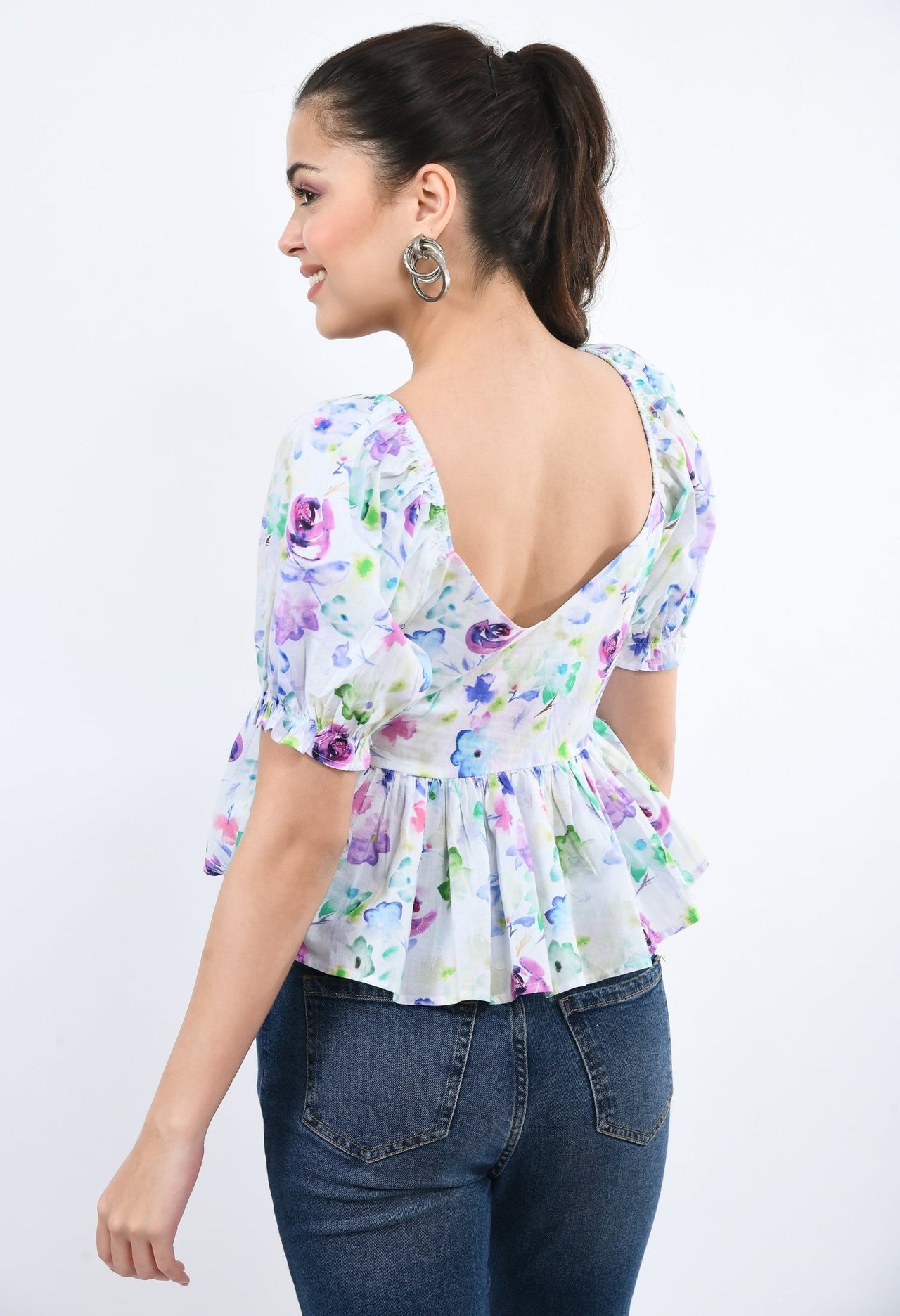 Cropped V - Neck Peplum Top - RueCollections