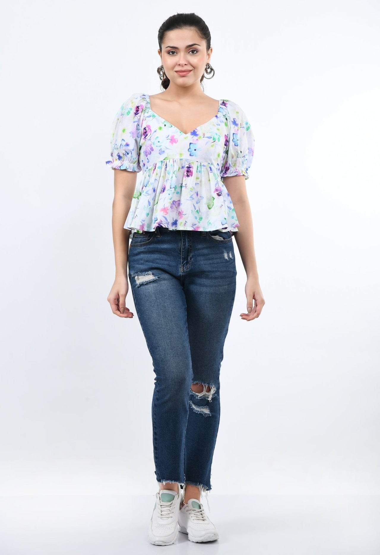 Cropped V - Neck Peplum Top - RueCollections