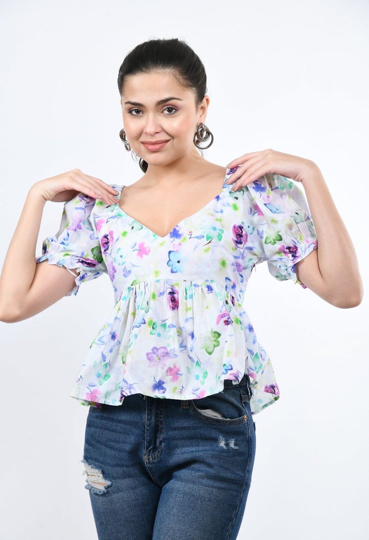 Cropped V - Neck Peplum Top - RueCollections