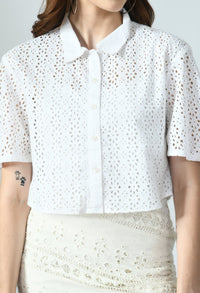 Thumbnail for Cutwork Embroidery Cropped Shirt - RueCollections