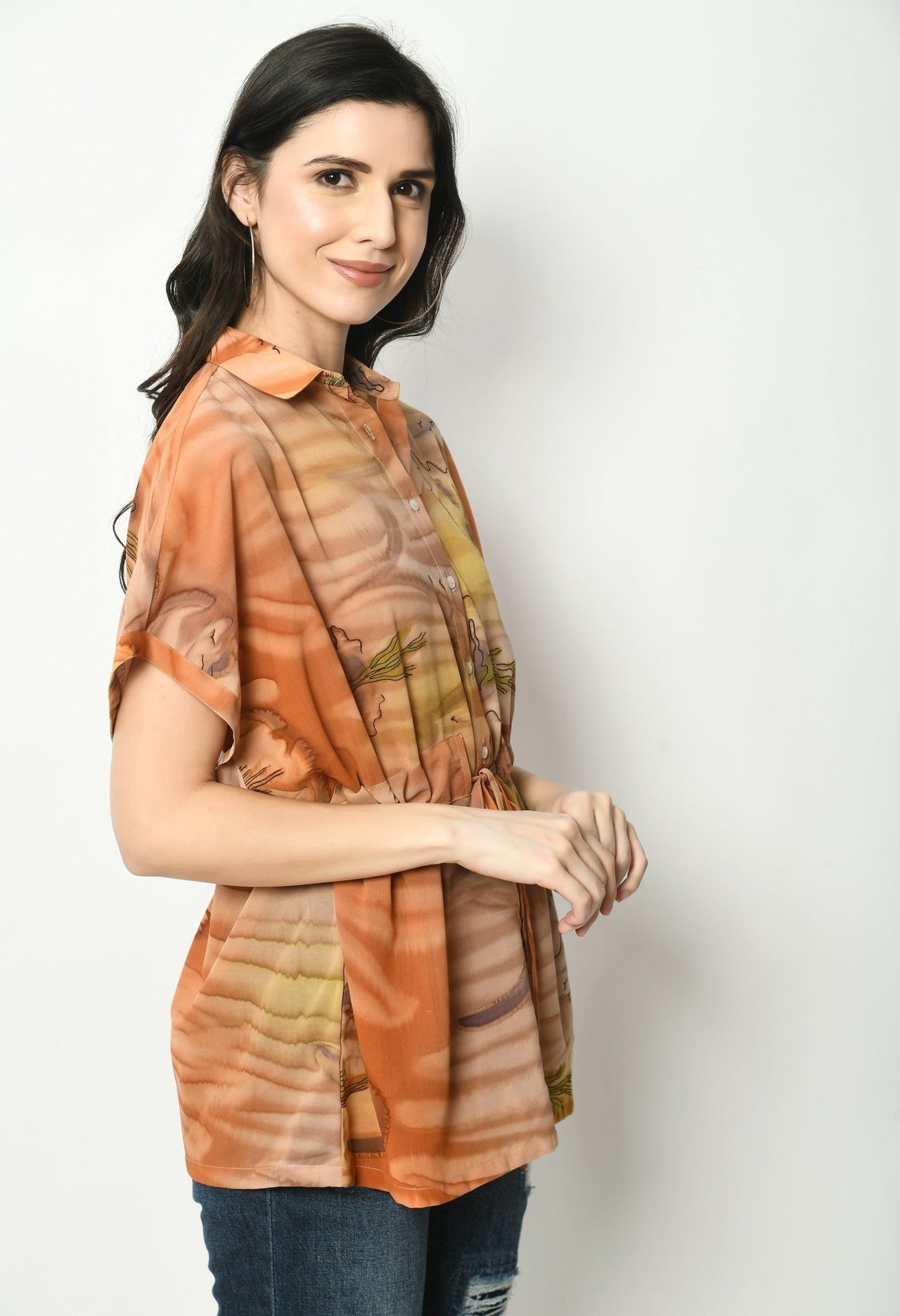 Digital Printed Georgette Top With Tie Up Waist Belt - RueCollections