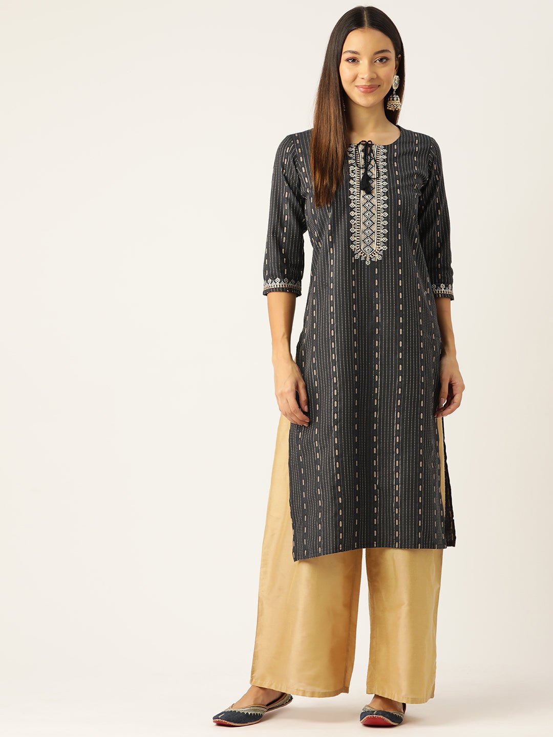 Ethnic Motifs Embroidered Kantha Work Kurta - RueCollections