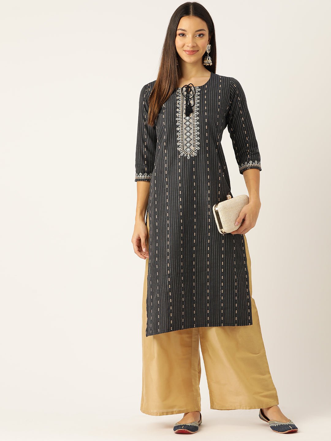 Ethnic Motifs Embroidered Kantha Work Kurta - RueCollections