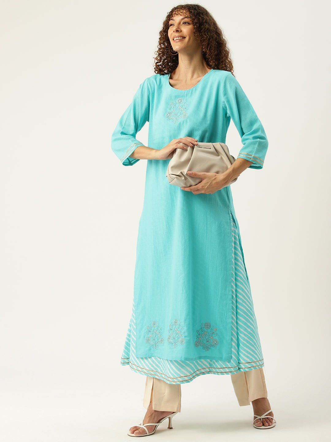 Ethnic Motifs Embroidered Mirror Work Pure Cotton Kurta - RueCollections