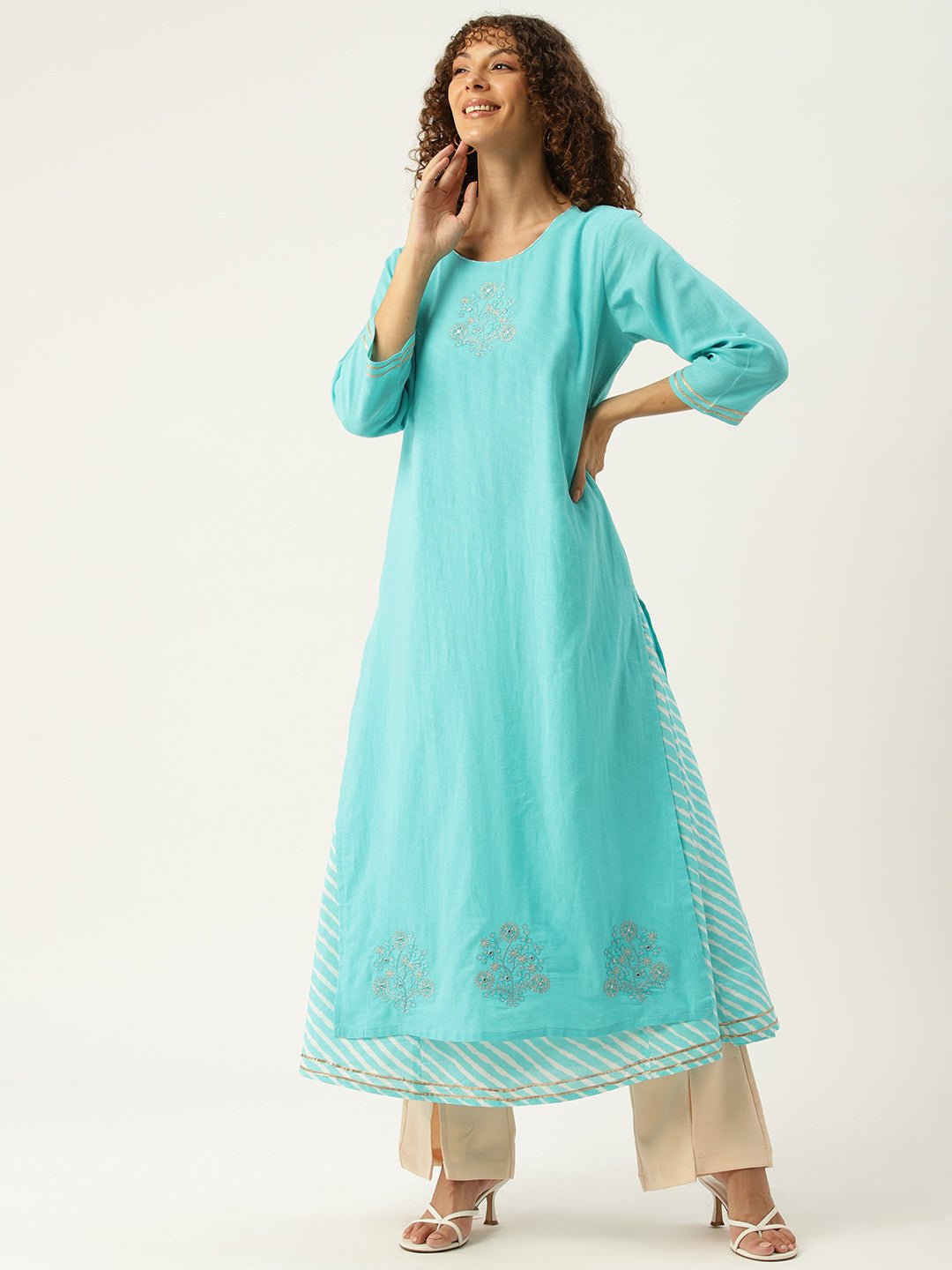 Ethnic Motifs Embroidered Mirror Work Pure Cotton Kurta - RueCollections