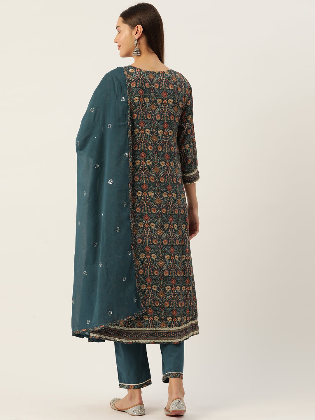 Ethnic Motifs Printed Pleated Sequinned Kurta with Trousers & Dupatta - RueCollections