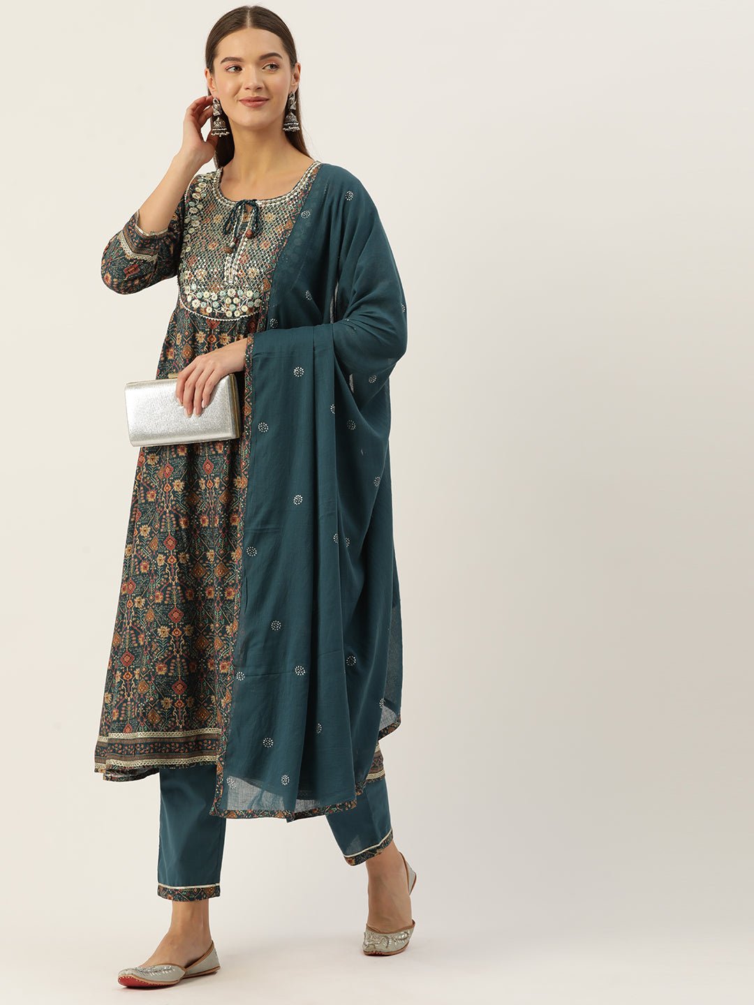 Ethnic Motifs Printed Pleated Sequinned Kurta with Trousers & Dupatta - RueCollections