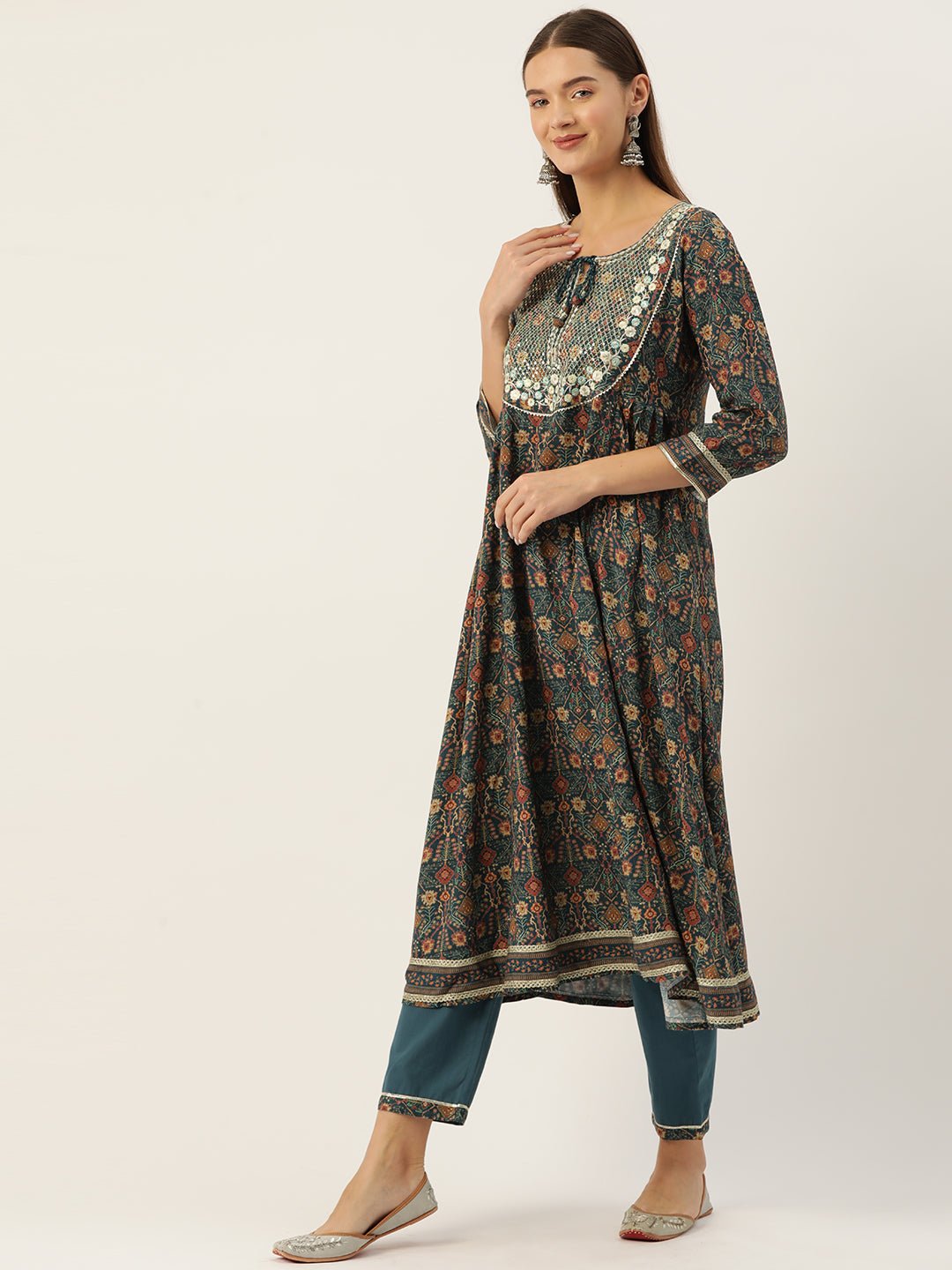 Ethnic Motifs Printed Pleated Sequinned Kurta with Trousers & Dupatta - RueCollections