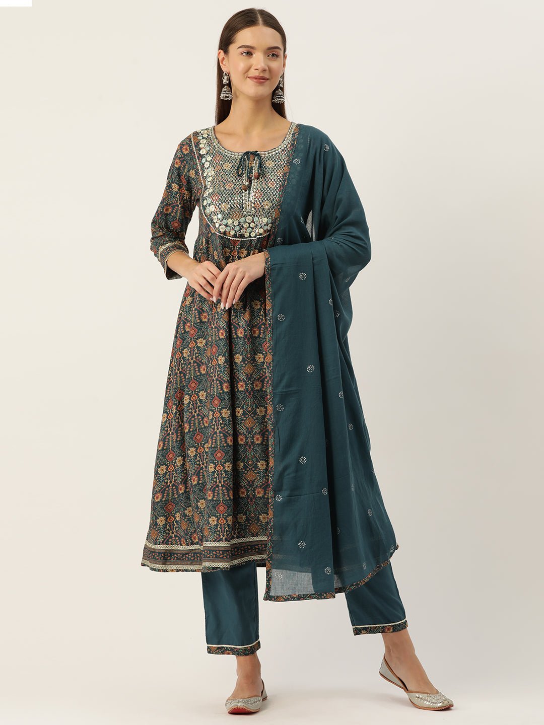 Ethnic Motifs Printed Pleated Sequinned Kurta with Trousers & Dupatta - RueCollections