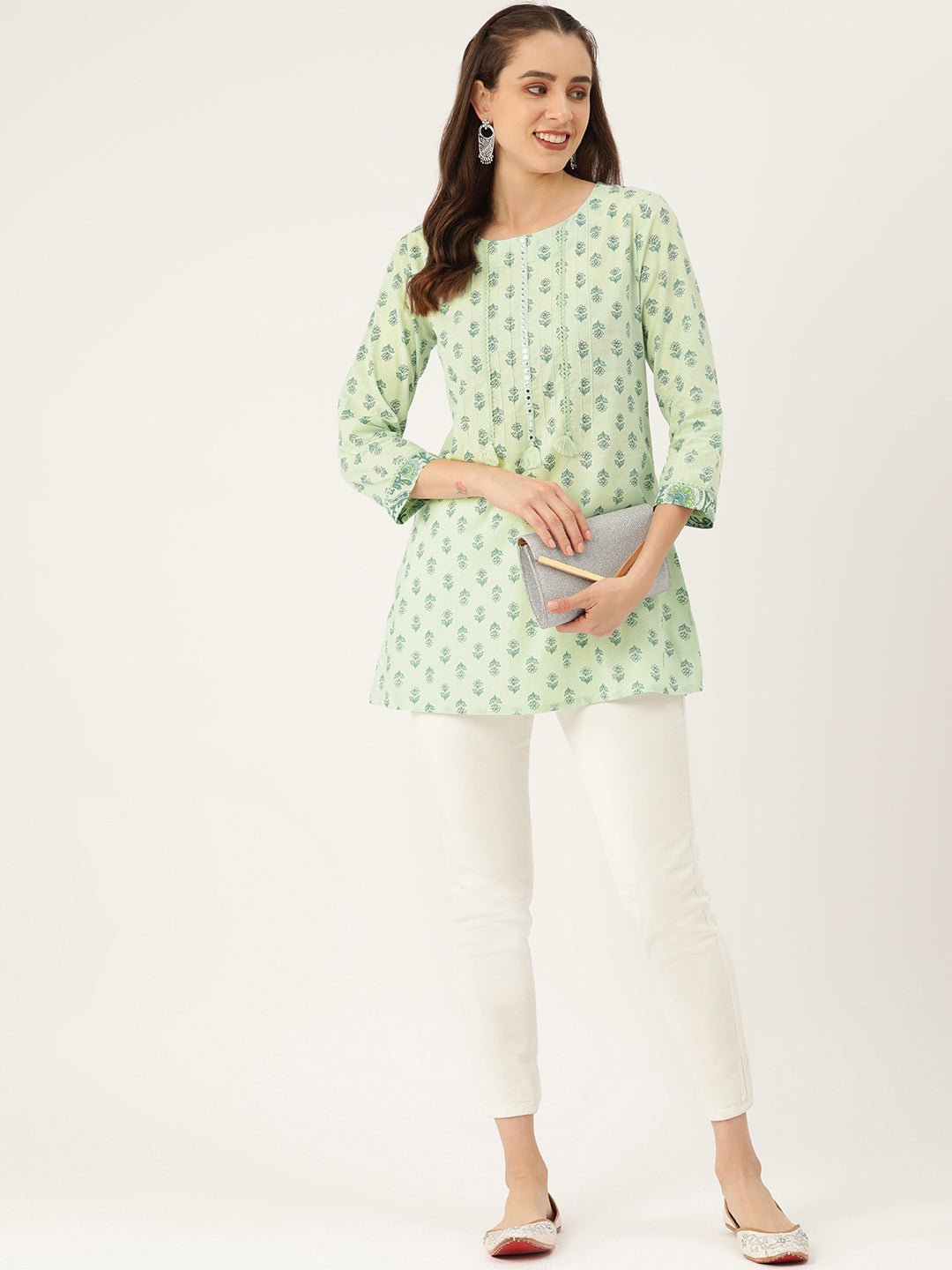 Ethnic Motifs Printed Pure Cotton Mirror Work Pleated Kurti - RueCollections