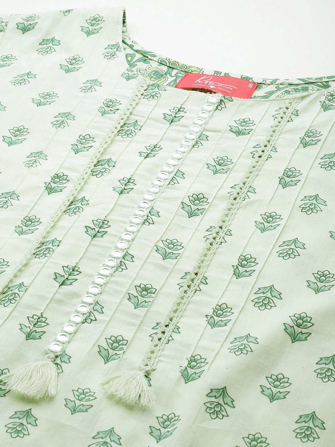 Ethnic Motifs Printed Pure Cotton Mirror Work Pleated Kurti - RueCollections