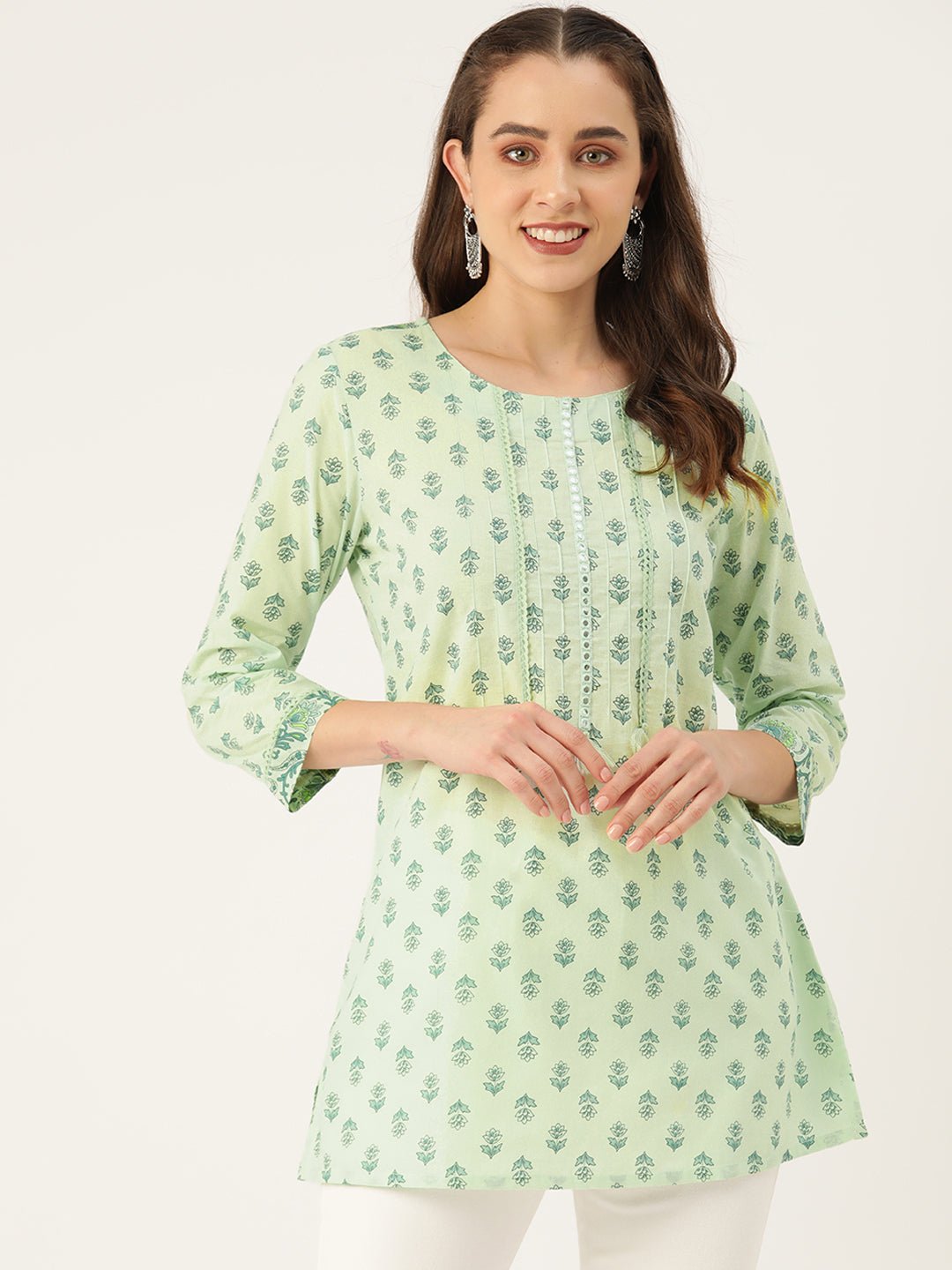 Ethnic Motifs Printed Pure Cotton Mirror Work Pleated Kurti - RueCollections