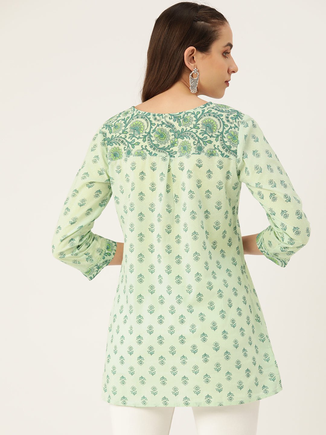 Ethnic Motifs Printed Pure Cotton Mirror Work Pleated Kurti - RueCollections