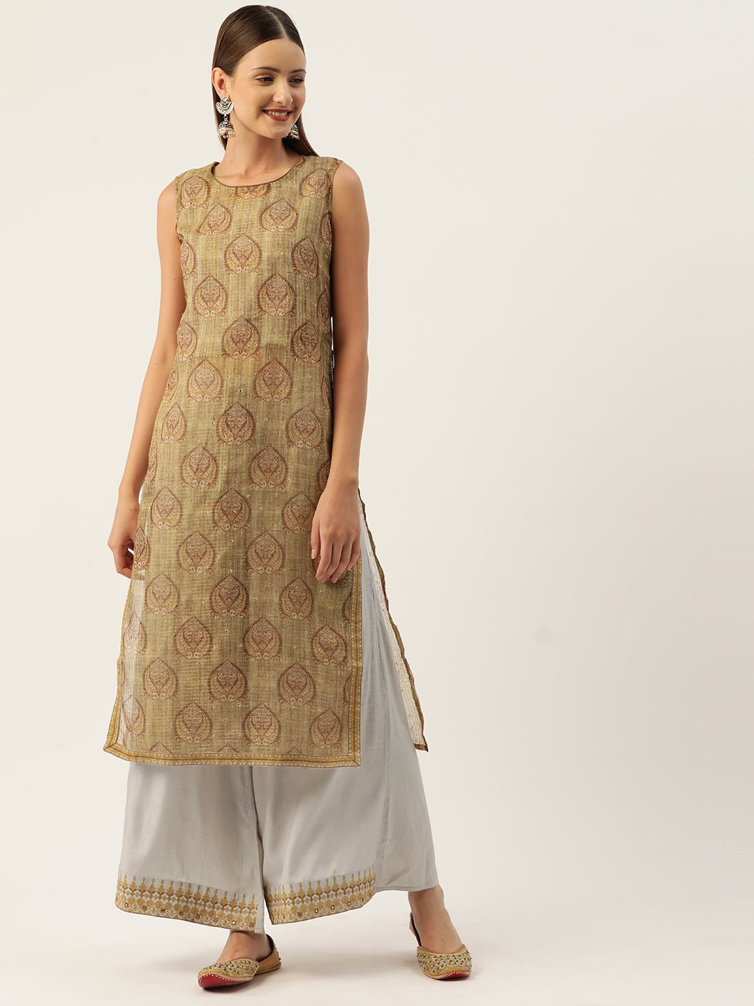 Ethnic Motifs Printed Regular Chanderi Cotton Kurta with Palazzos - RueCollections