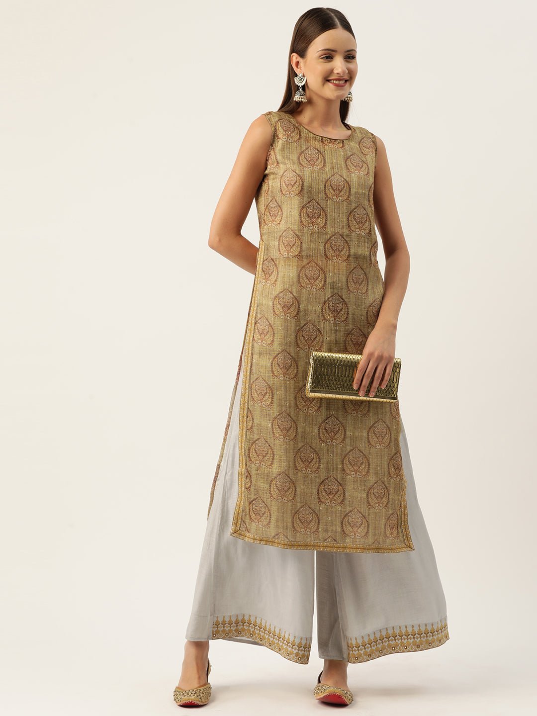 Ethnic Motifs Printed Regular Chanderi Cotton Kurta with Palazzos - RueCollections