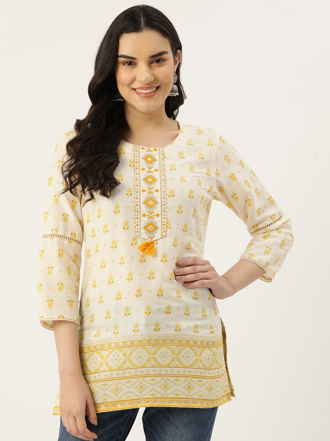 Ethnic Motifs Printed Thread Work Pure Cotton Kurti - RueCollections