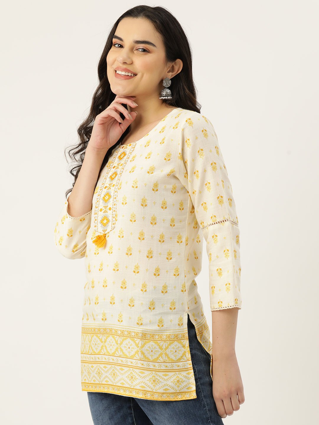 Ethnic Motifs Printed Thread Work Pure Cotton Kurti - RueCollections