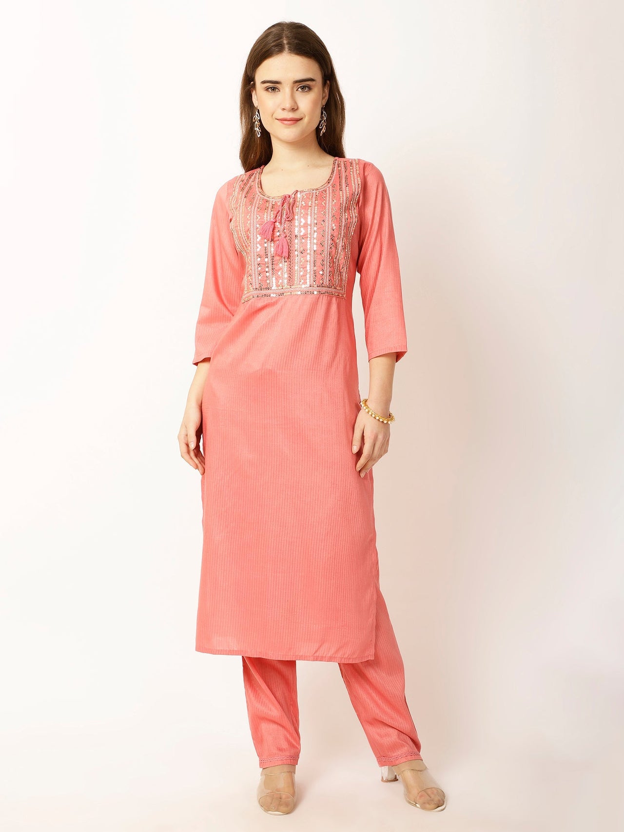 Ethnic Motifs Yoke Design Regular Sequinned Kurta with Trousers - RueCollections