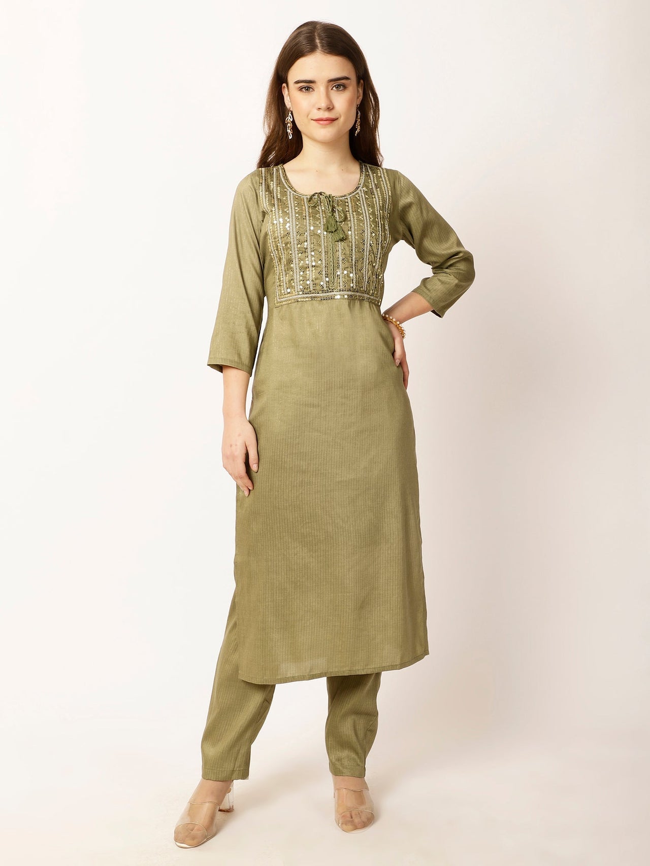 Ethnic Motifs Yoke Design Regular Sequinned Kurta with Trousers - RueCollections